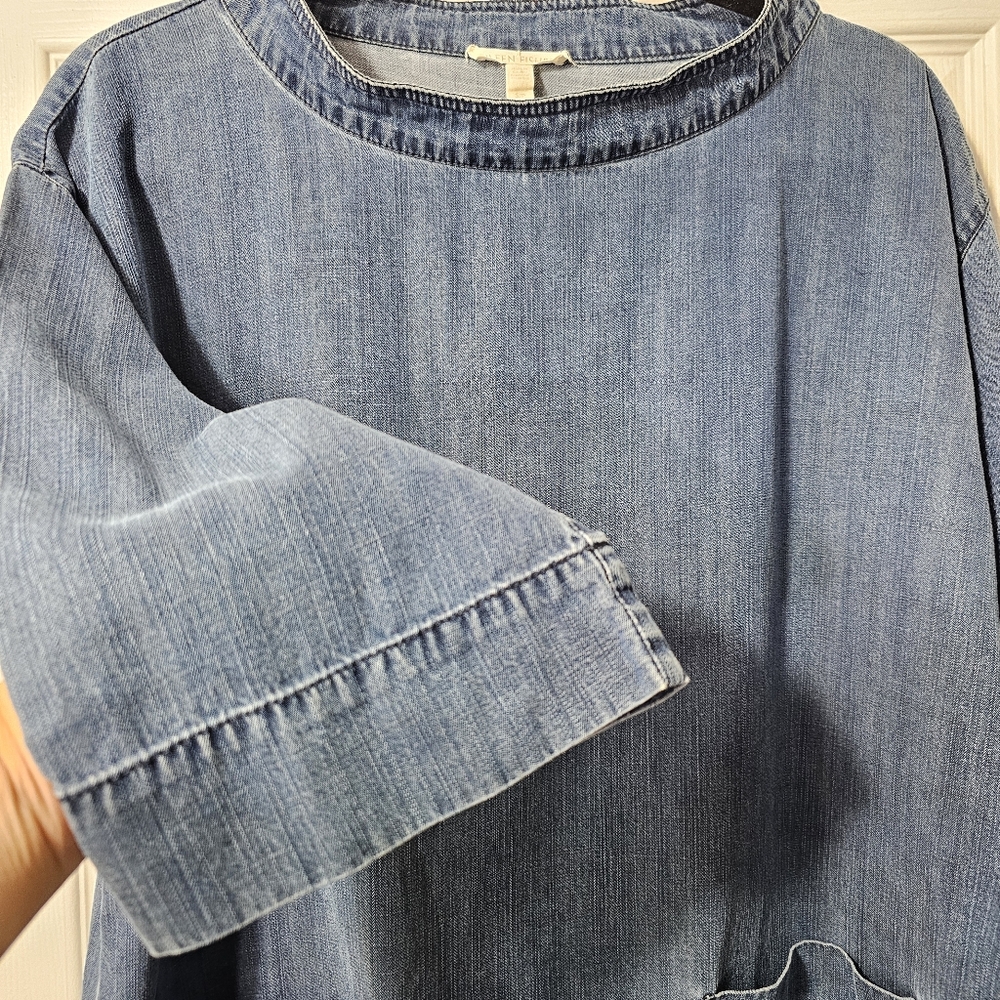 EILEEN FISHER Size Small Blue Boatneck Denim 3/4 Sleeve Top With Pockets - Picture 9 of 16